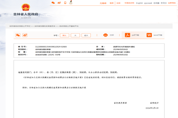 吉林?。骸都恿χС执笠?guī)模設(shè)備更新和消費品以舊換新實施方案》發(fā)布